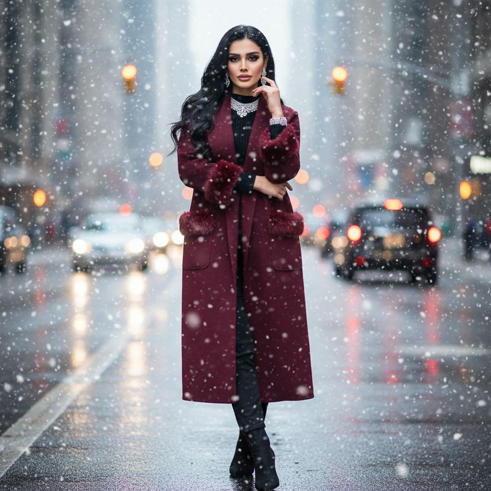 Women's MAXSPORT Burgundy Faux Fur Trim Long Cape Coat Size M
